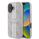 Apple iPhone 16 Kılıf Guess Magsafe Şarj Özellikli 4G Şerit Tasarımlı Printed Kapak Pembe