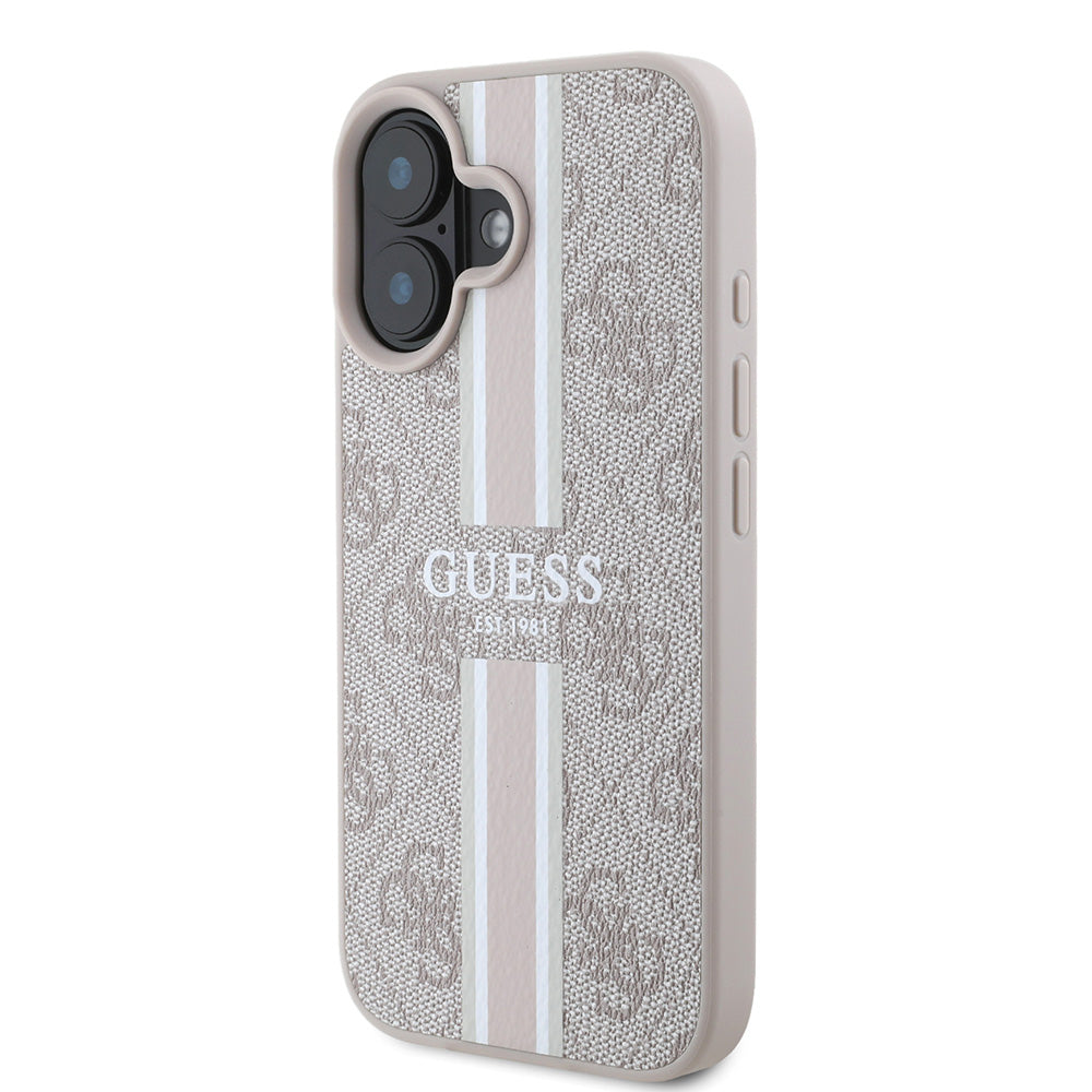 Apple iPhone 16 Kılıf Guess Magsafe Şarj Özellikli 4G Şerit Tasarımlı Printed Kapak Pembe