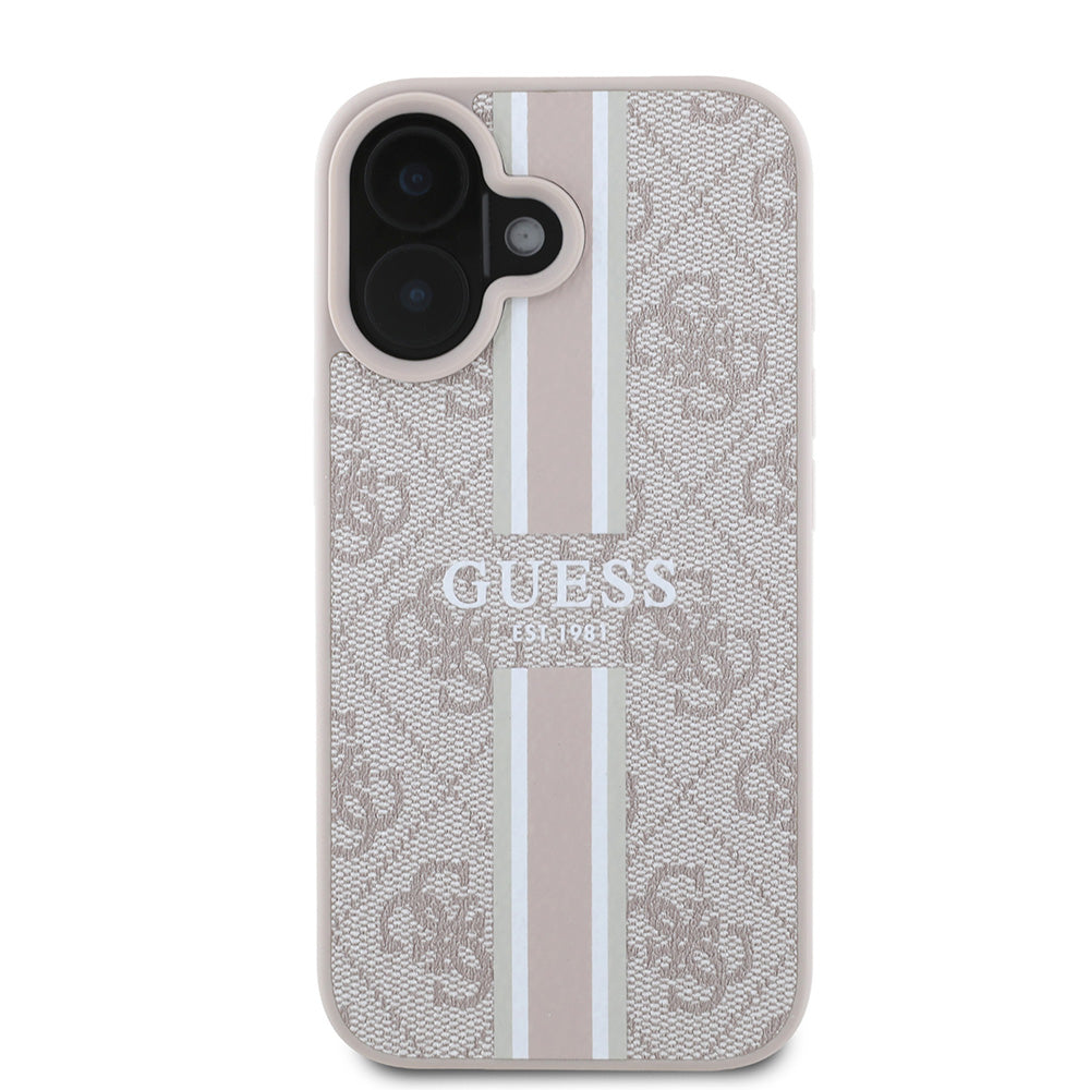 Apple iPhone 16 Kılıf Guess Magsafe Şarj Özellikli 4G Şerit Tasarımlı Printed Kapak Pembe