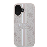 Apple iPhone 16 Kılıf Guess Magsafe Şarj Özellikli 4G Şerit Tasarımlı Printed Kapak Pembe