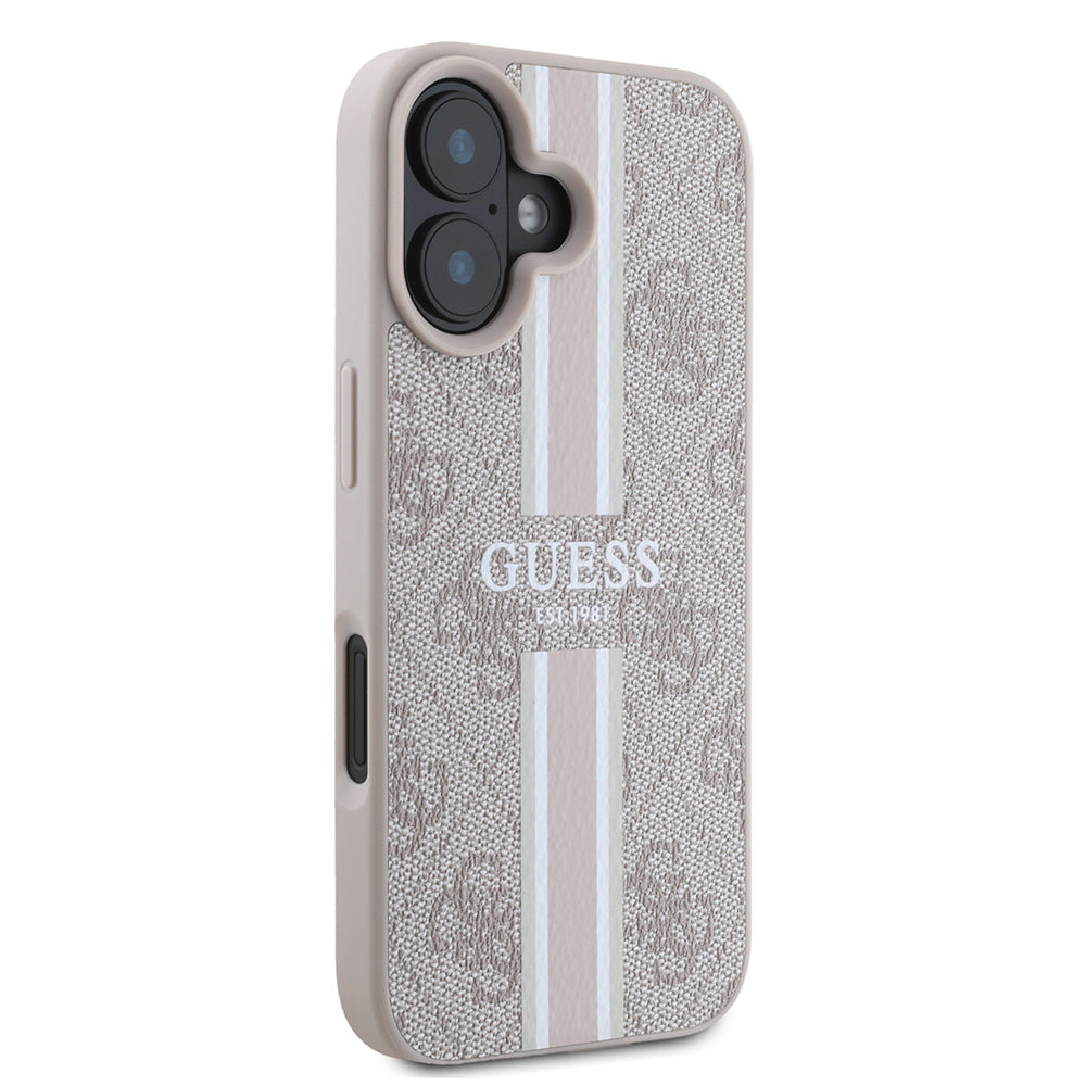 Apple iPhone 16 Kılıf Guess Magsafe Şarj Özellikli 4G Şerit Tasarımlı Printed Kapak Pembe