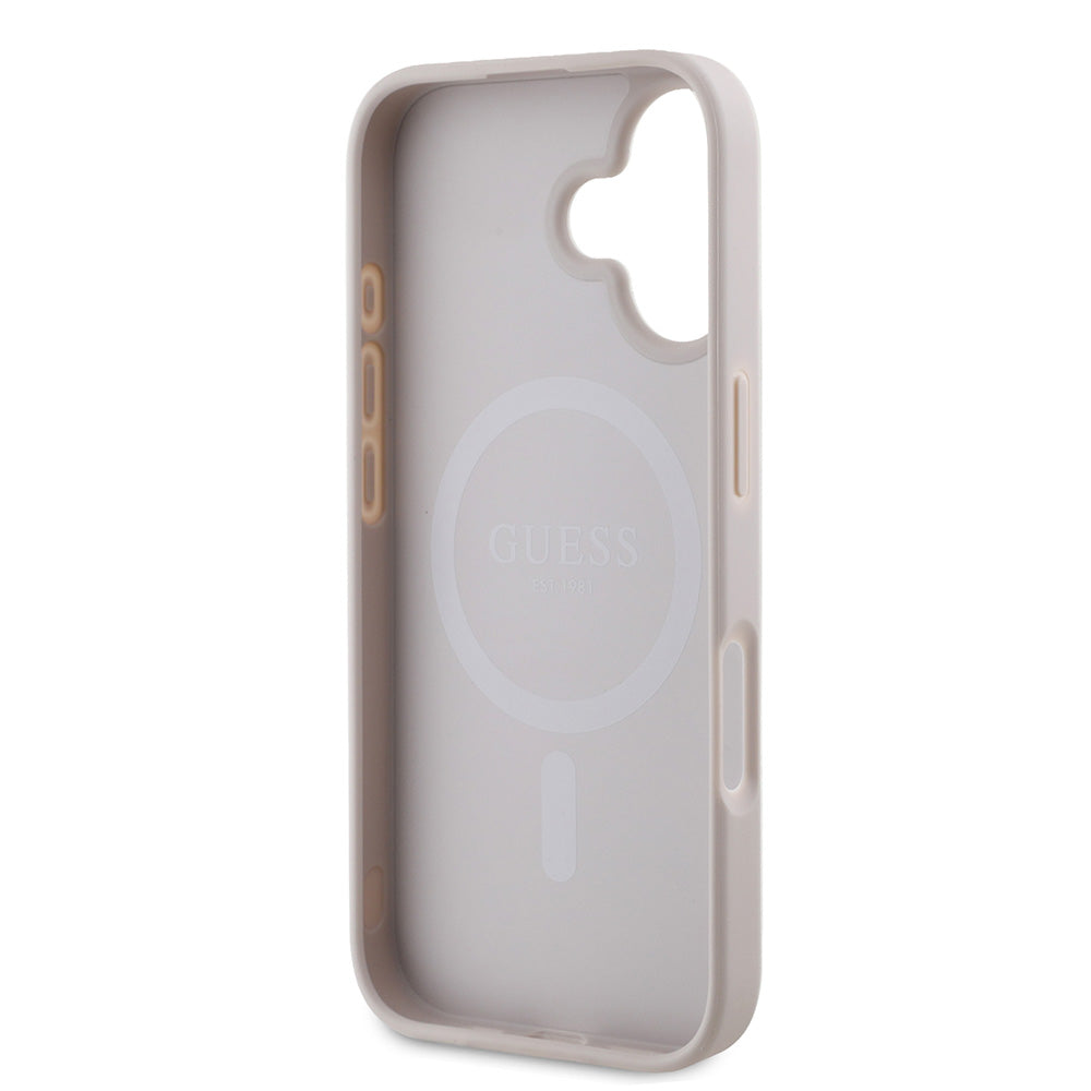 Apple iPhone 16 Kılıf Guess Magsafe Şarj Özellikli 4G Şerit Tasarımlı Printed Kapak Pembe