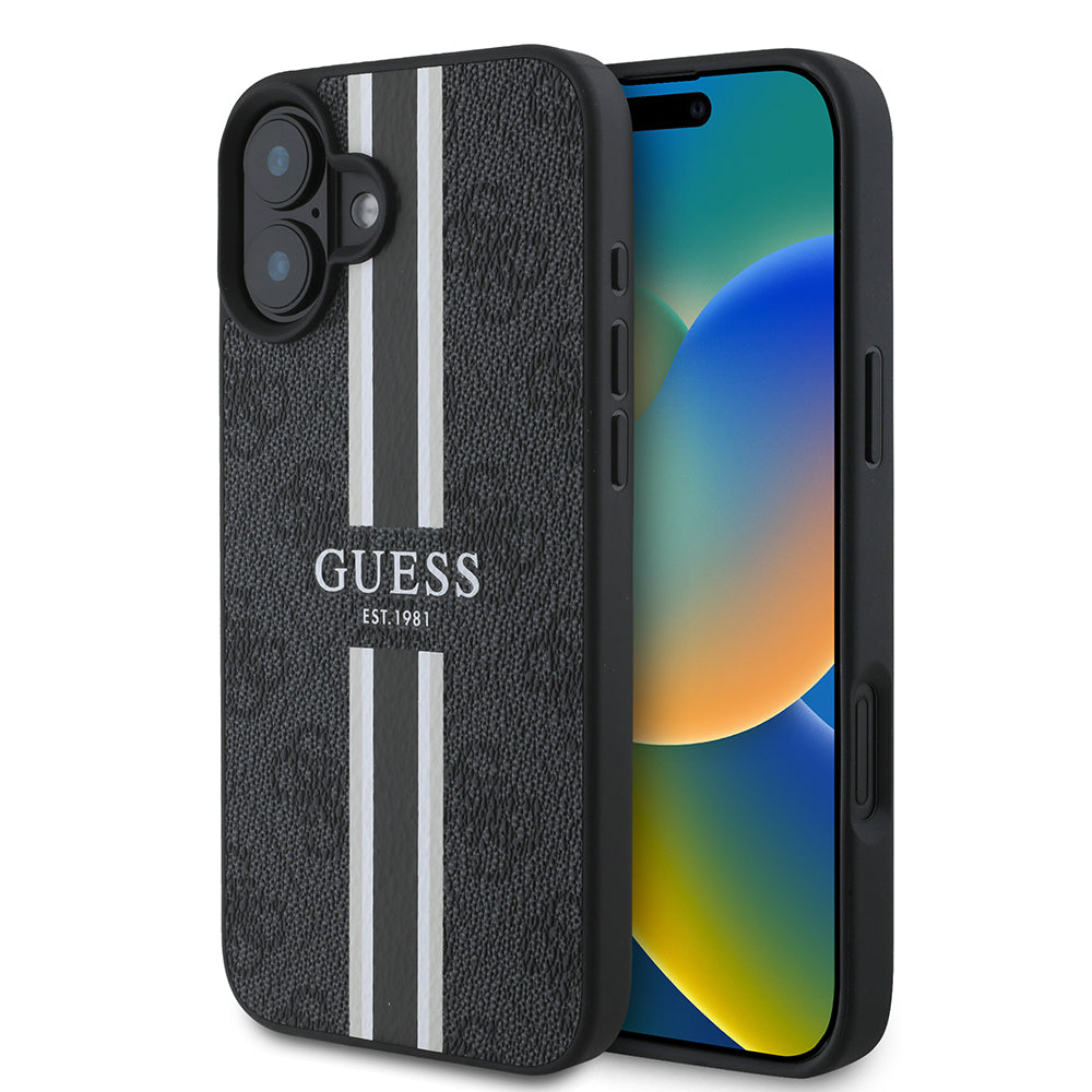 Apple iPhone 16 Kılıf Guess Magsafe Şarj Özellikli 4G Şerit Tasarımlı Printed Kapak Siyah