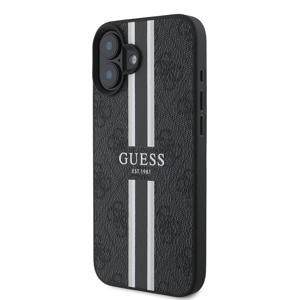 Apple iPhone 16 Kılıf Guess Magsafe Şarj Özellikli 4G Şerit Tasarımlı Printed Kapak Siyah