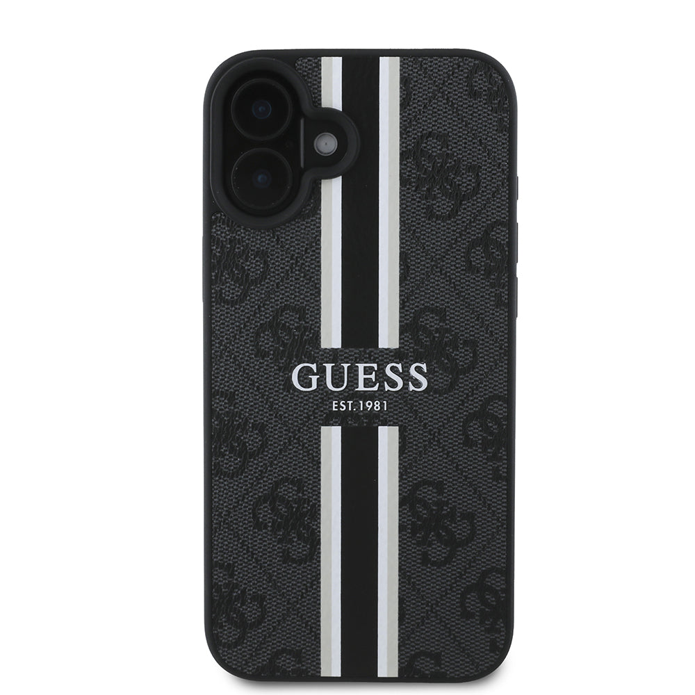Apple iPhone 16 Kılıf Guess Magsafe Şarj Özellikli 4G Şerit Tasarımlı Printed Kapak Siyah