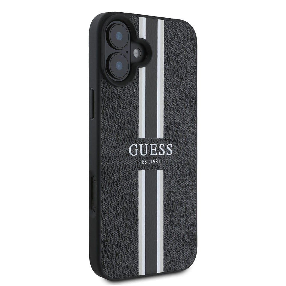 Apple iPhone 16 Kılıf Guess Magsafe Şarj Özellikli 4G Şerit Tasarımlı Printed Kapak Siyah
