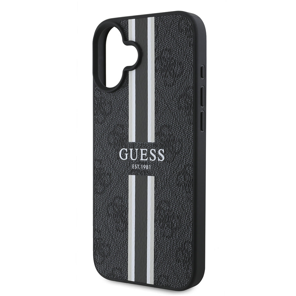 Apple iPhone 16 Kılıf Guess Magsafe Şarj Özellikli 4G Şerit Tasarımlı Printed Kapak Siyah
