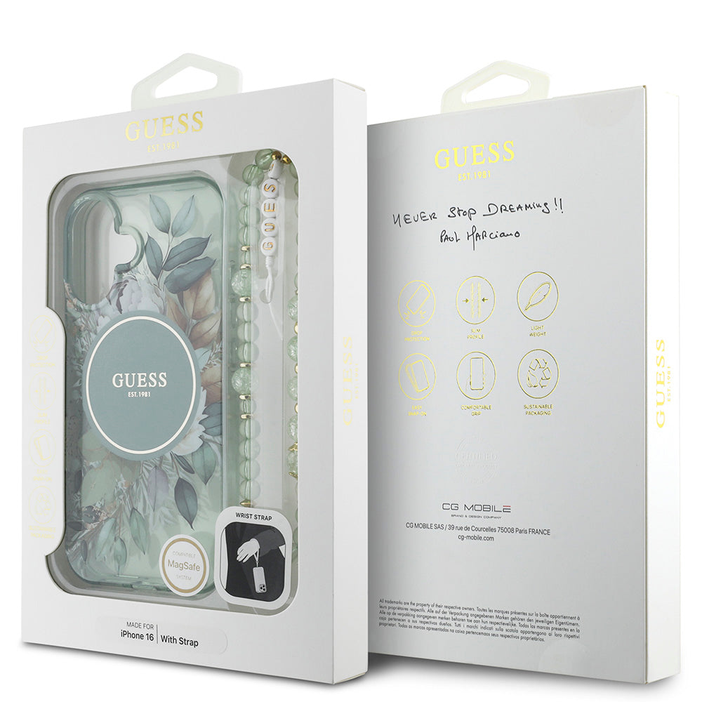 Apple iPhone 16 Kılıf Guess Magsafe Şarj Özellikli IML Baskılı Çiçek İnci Bileklikli Kapak Yeşil