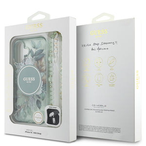 Apple iPhone 16 Kılıf Guess Magsafe Şarj Özellikli IML Baskılı Çiçek İnci Bileklikli Kapak Yeşil