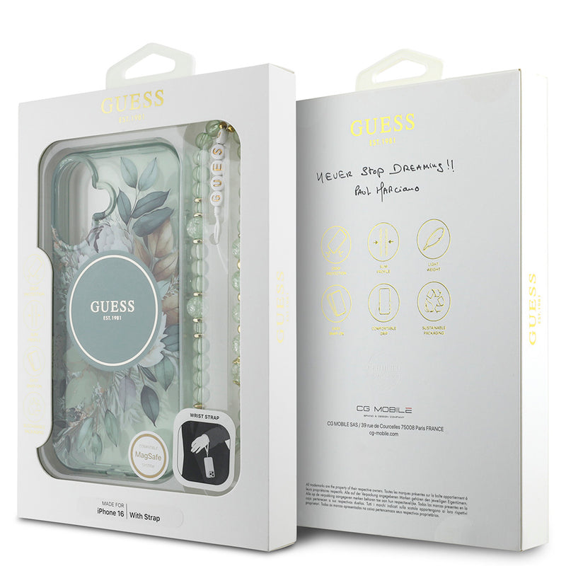 Apple iPhone 16 Kılıf Guess Magsafe Şarj Özellikli IML Baskılı Çiçek İnci Bileklikli Kapak Yeşil