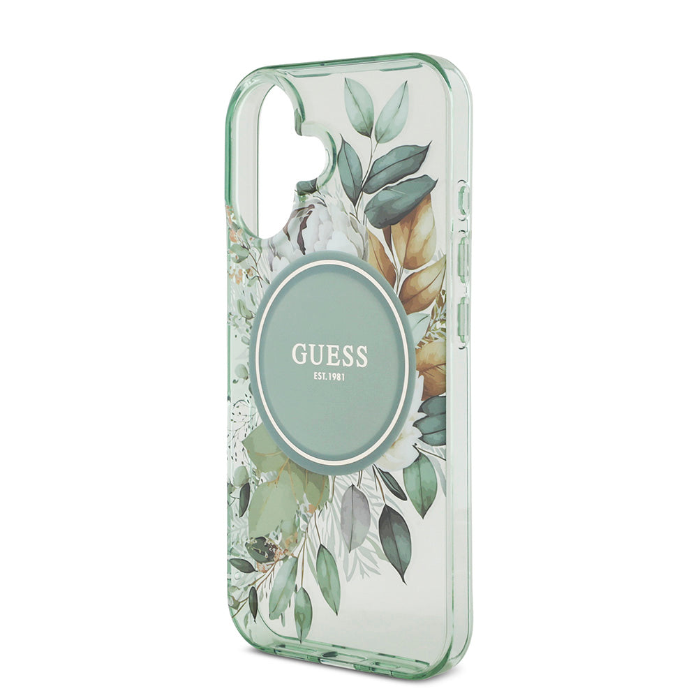 Apple iPhone 16 Kılıf Guess Magsafe Şarj Özellikli IML Baskılı Çiçek İnci Bileklikli Kapak Yeşil