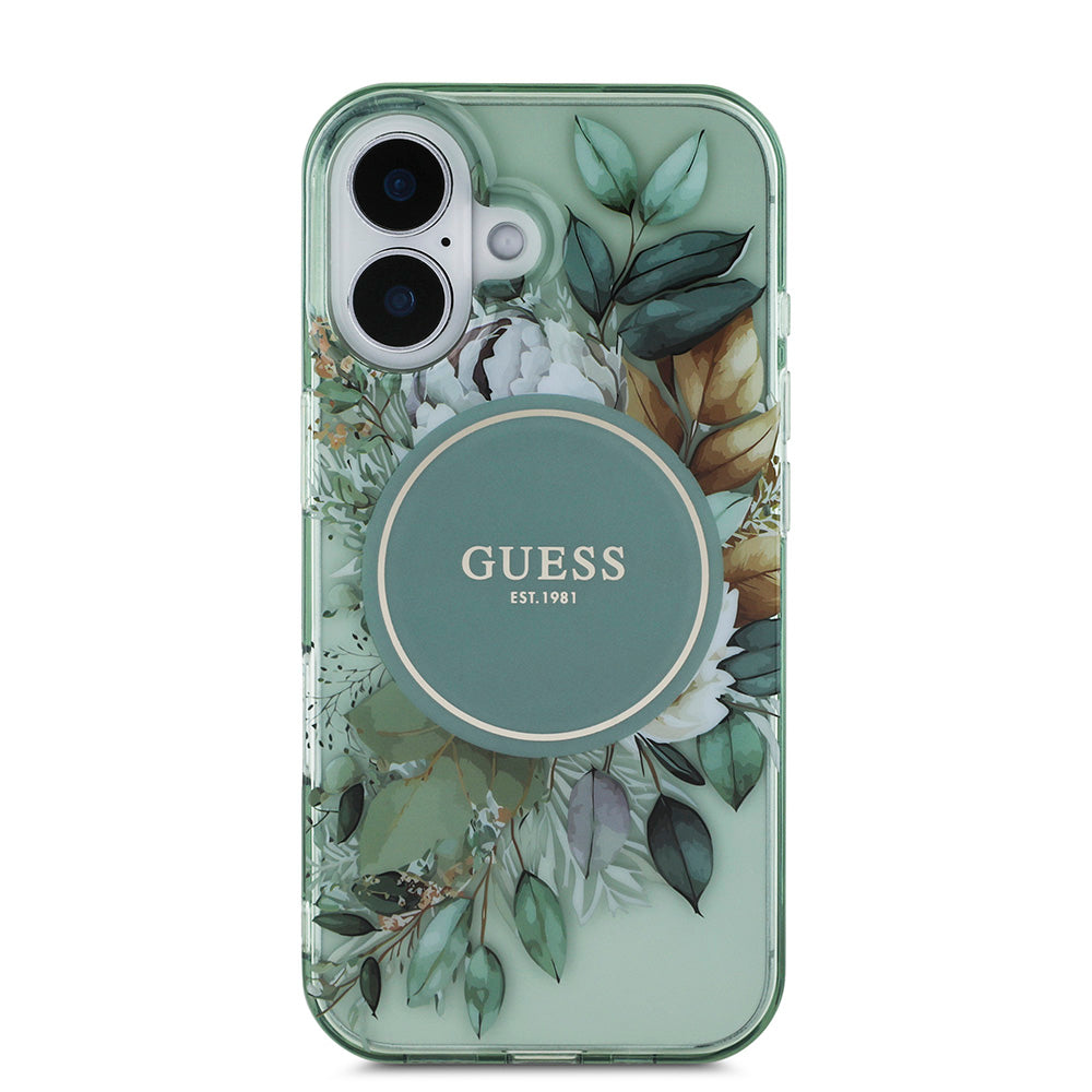 Apple iPhone 16 Kılıf Guess Magsafe Şarj Özellikli IML Baskılı Çiçek İnci Bileklikli Kapak Yeşil