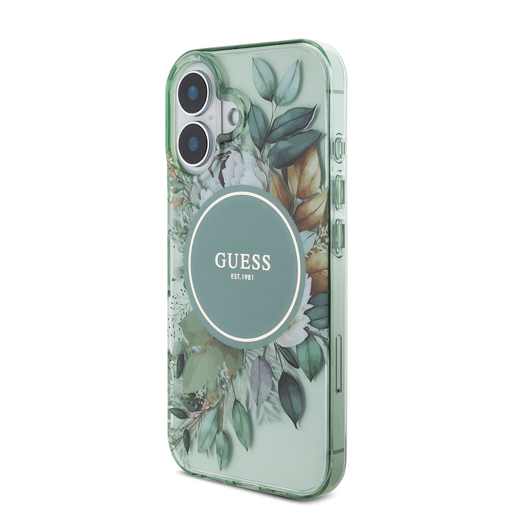 Apple iPhone 16 Kılıf Guess Magsafe Şarj Özellikli IML Baskılı Çiçek İnci Bileklikli Kapak Yeşil