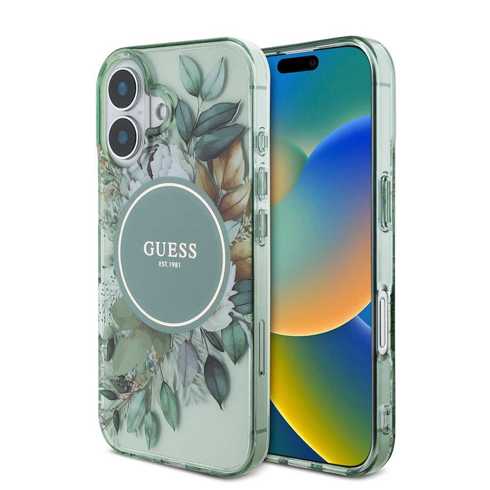 Apple iPhone 16 Kılıf Guess Magsafe Şarj Özellikli IML Baskılı Çiçek İnci Bileklikli Kapak Yeşil
