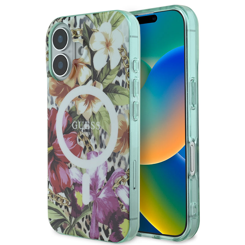 Apple iPhone 16 Kılıf Guess Magsafe Şarj Özellikli IML Baskılı Jungle Ring Kapak Yeşil