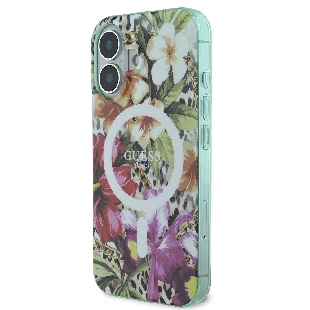 Apple iPhone 16 Kılıf Guess Magsafe Şarj Özellikli IML Baskılı Jungle Ring Kapak Yeşil