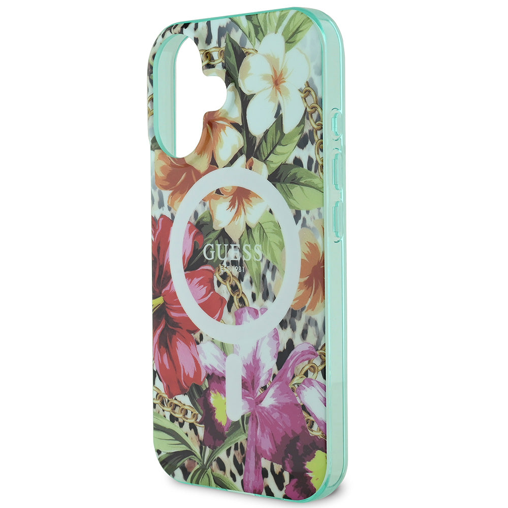 Apple iPhone 16 Kılıf Guess Magsafe Şarj Özellikli IML Baskılı Jungle Ring Kapak Yeşil