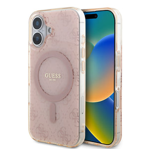 Apple iPhone 16 Kılıf Guess Magsafe Şarj Özellikli IML Baskılı Klasik Logolu 4G Desenli Kapak Pembe