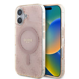 Apple iPhone 16 Kılıf Guess Magsafe Şarj Özellikli IML Baskılı Klasik Logolu 4G Desenli Kapak Pembe