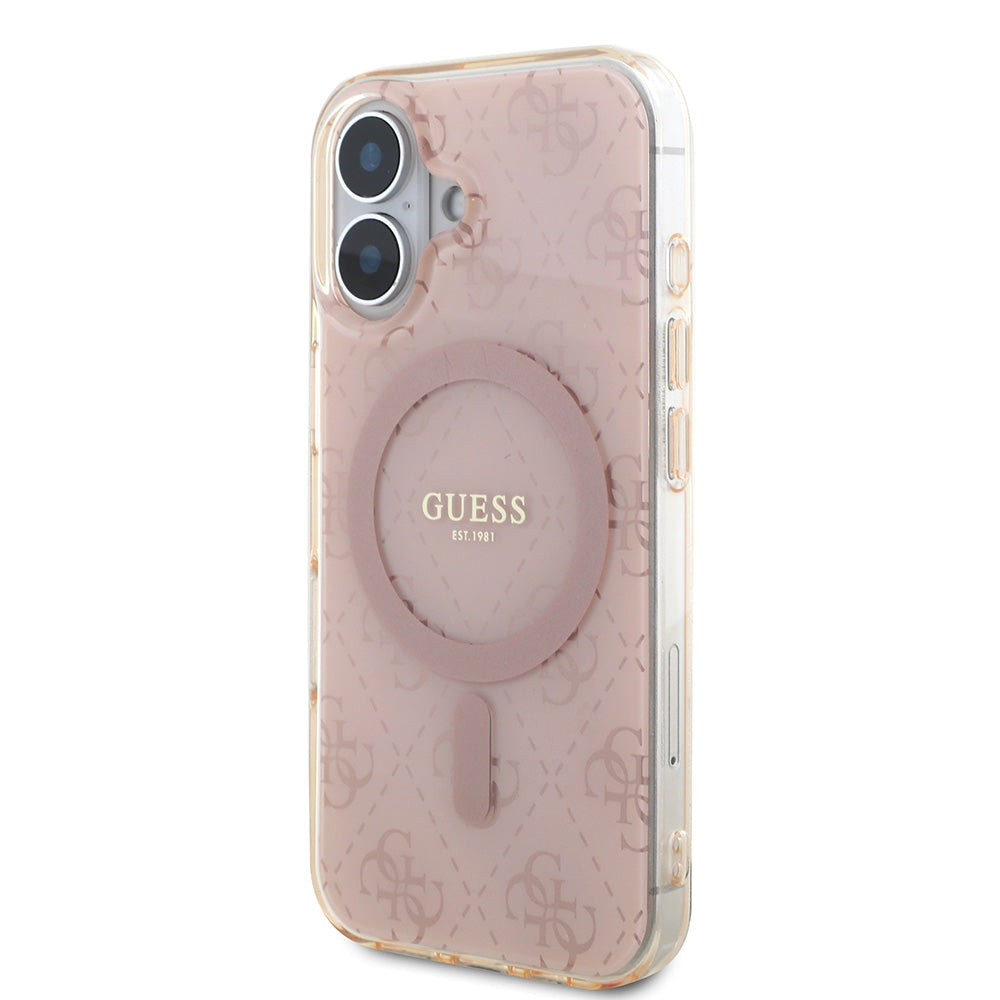 Apple iPhone 16 Kılıf Guess Magsafe Şarj Özellikli IML Baskılı Klasik Logolu 4G Desenli Kapak Pembe