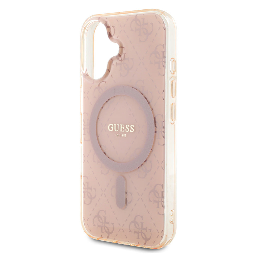 Apple iPhone 16 Kılıf Guess Magsafe Şarj Özellikli IML Baskılı Klasik Logolu 4G Desenli Kapak Pembe