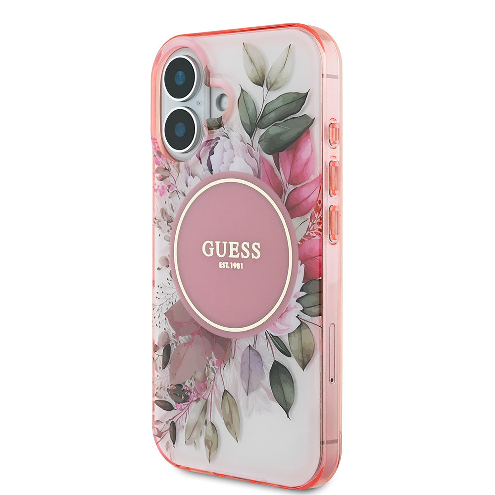 Apple iPhone 16 Kılıf Guess Magsafe Şarj Özellikli IML Baskılı Yazı Logolu Flower Tonal Circle Kapak Pembe