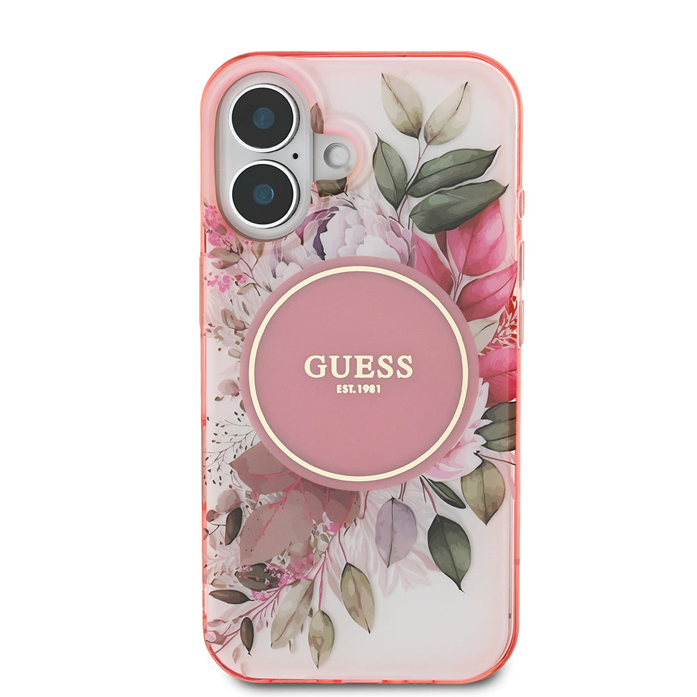 Apple iPhone 16 Kılıf Guess Magsafe Şarj Özellikli IML Baskılı Yazı Logolu Flower Tonal Circle Kapak Pembe