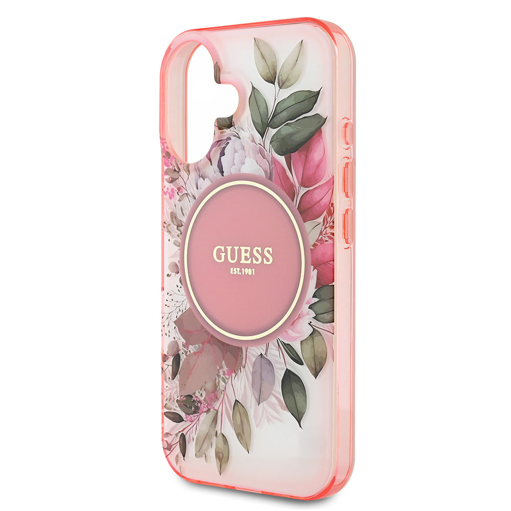 Apple iPhone 16 Kılıf Guess Magsafe Şarj Özellikli IML Baskılı Yazı Logolu Flower Tonal Circle Kapak Pembe