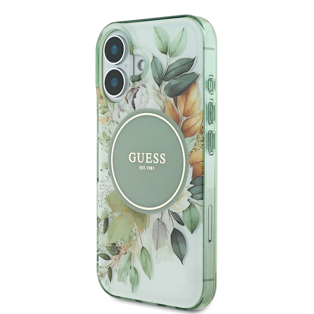 Apple iPhone 16 Kılıf Guess Magsafe Şarj Özellikli IML Baskılı Yazı Logolu Flower Tonal Circle Kapak Yeşil