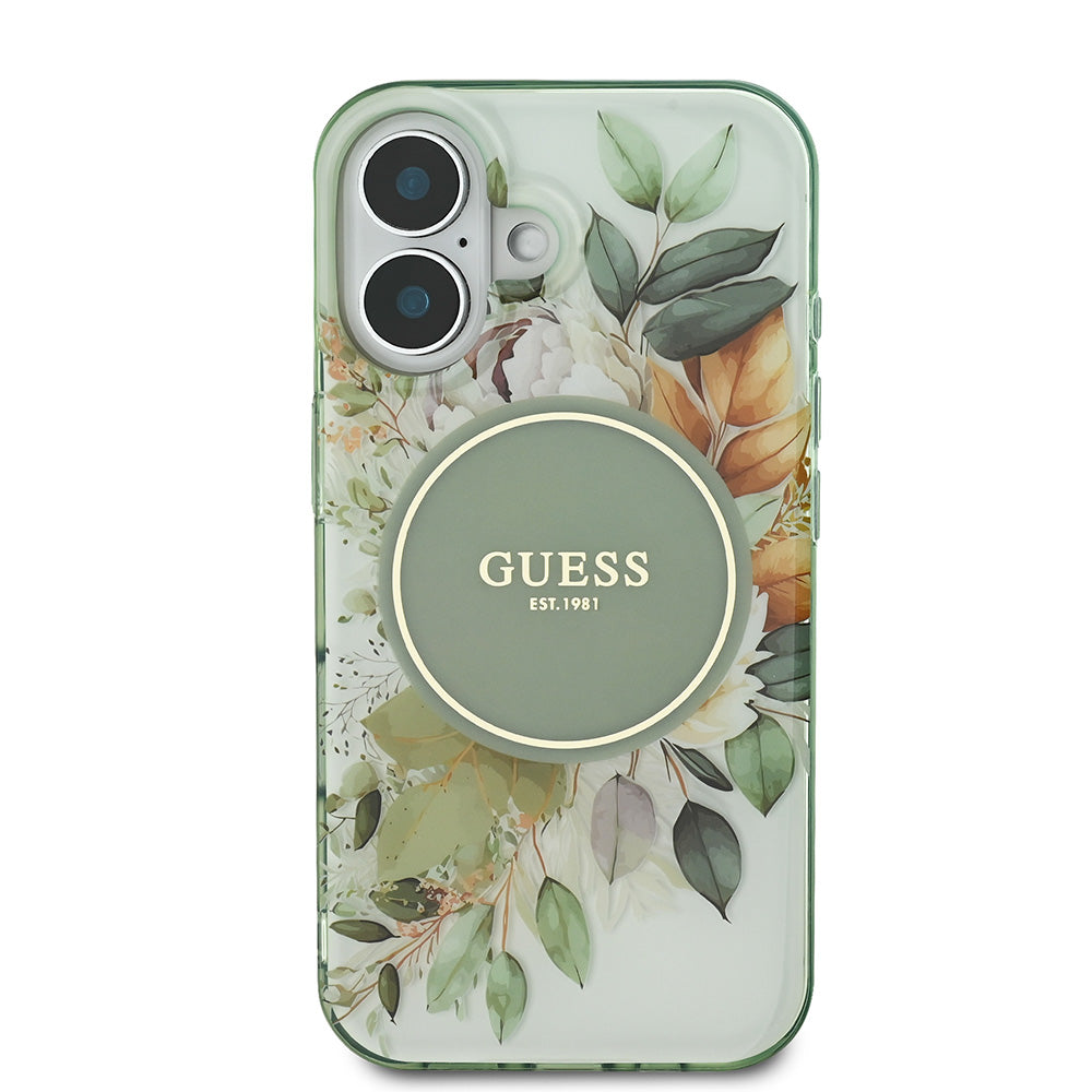 Apple iPhone 16 Kılıf Guess Magsafe Şarj Özellikli IML Baskılı Yazı Logolu Flower Tonal Circle Kapak Yeşil