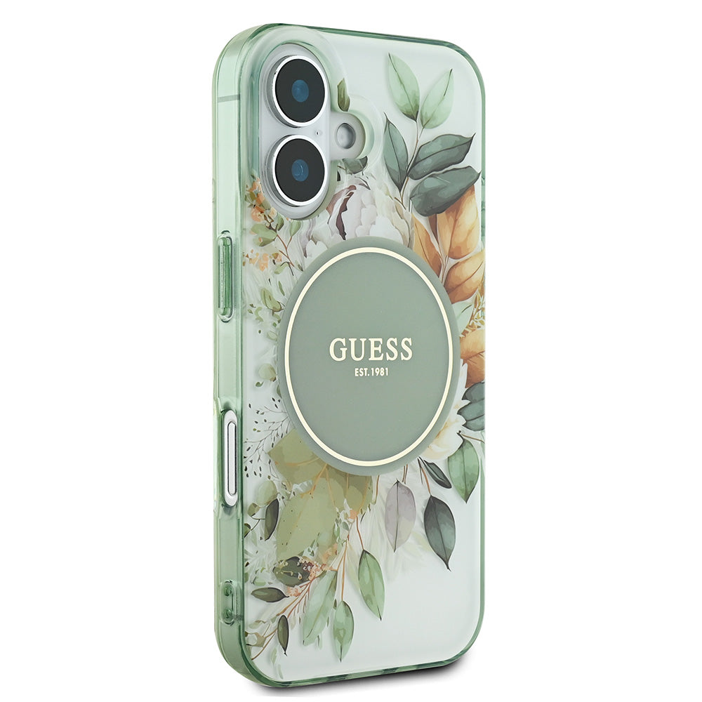 Apple iPhone 16 Kılıf Guess Magsafe Şarj Özellikli IML Baskılı Yazı Logolu Flower Tonal Circle Kapak Yeşil