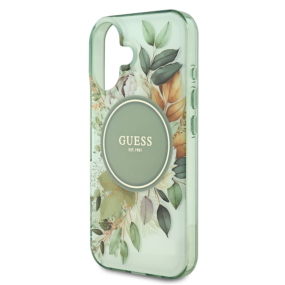 Apple iPhone 16 Kılıf Guess Magsafe Şarj Özellikli IML Baskılı Yazı Logolu Flower Tonal Circle Kapak Yeşil