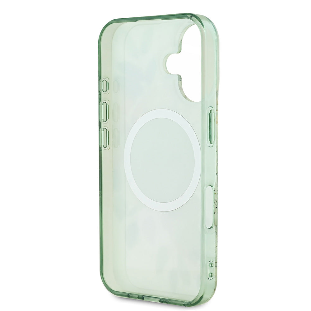 Apple iPhone 16 Kılıf Guess Magsafe Şarj Özellikli IML Baskılı Yazı Logolu Flower Tonal Circle Kapak Yeşil