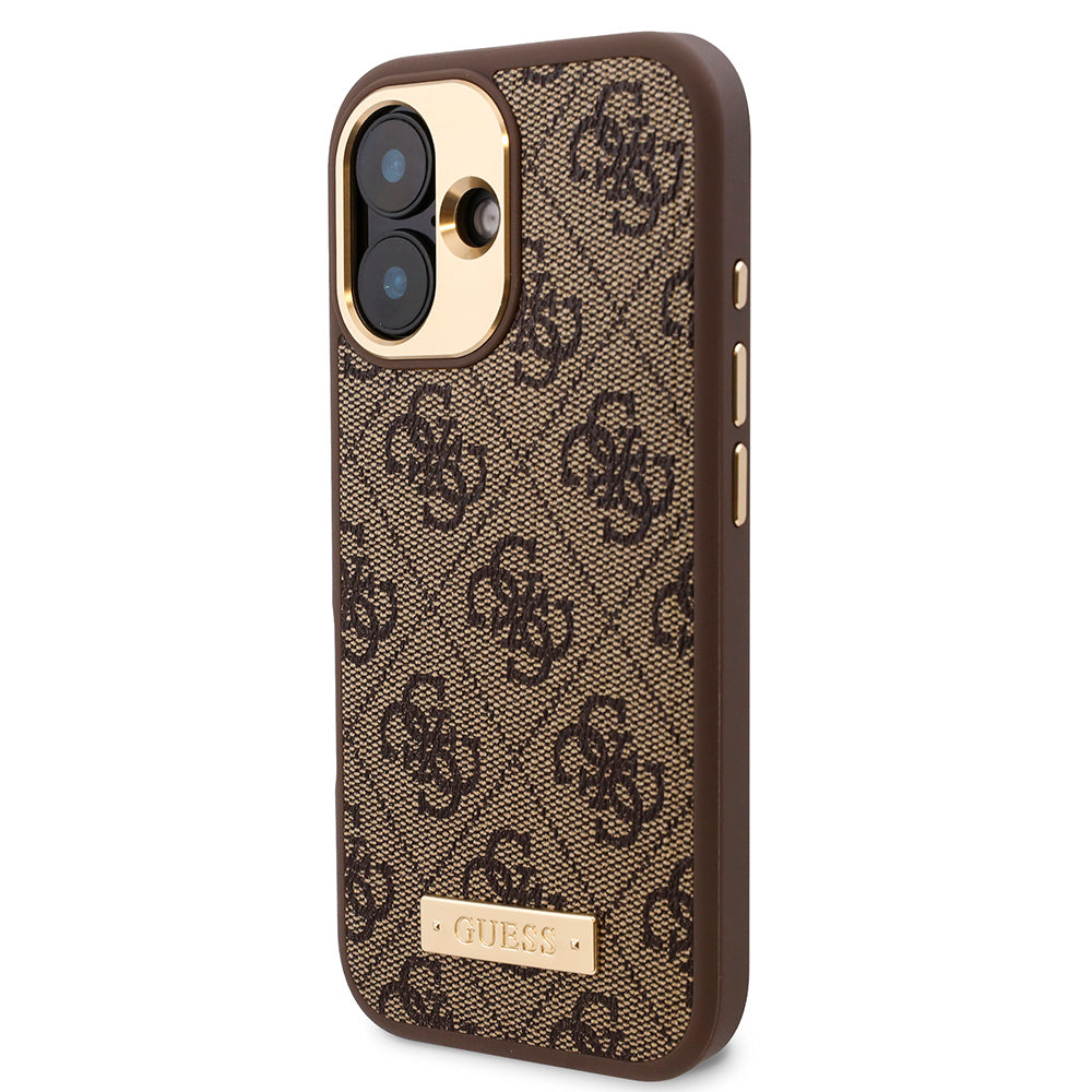 Apple iPhone 16 Kılıf Guess Magsafe Şarj Özellikli PU 4G Desenli Metal Plaka Klasik Logolu Kapak Kahverengi