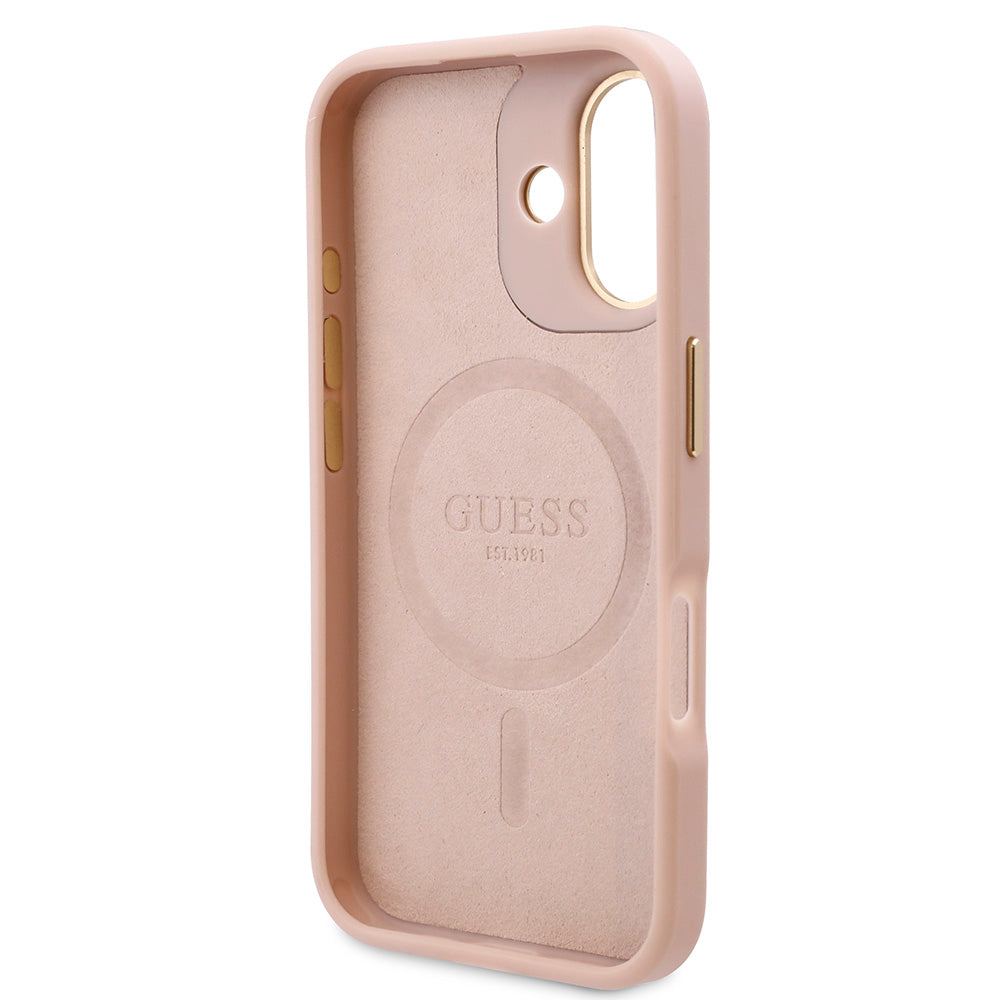 Apple iPhone 16 Kılıf Guess Magsafe Şarj Özellikli PU 4G Desenli Metal Plaka Klasik Logolu Kapak Pembe