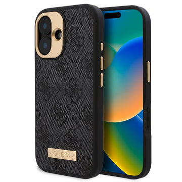 Apple iPhone 16 Kılıf Guess Magsafe Şarj Özellikli PU 4G Desenli Metal Plaka Klasik Logolu Kapak Siyah