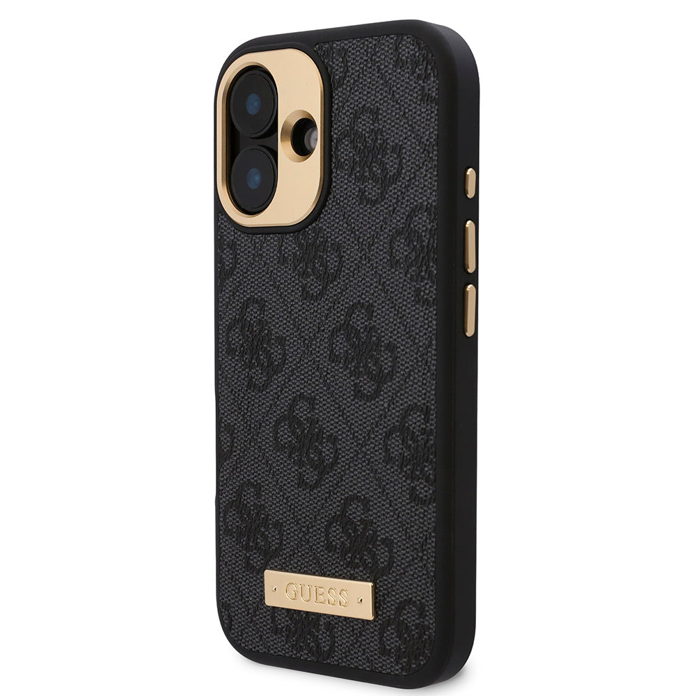 Apple iPhone 16 Kılıf Guess Magsafe Şarj Özellikli PU 4G Desenli Metal Plaka Klasik Logolu Kapak Siyah