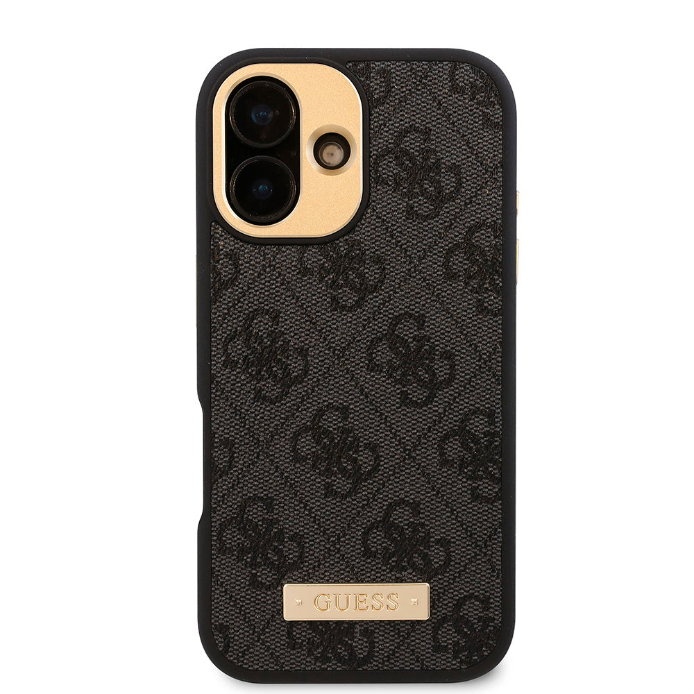 Apple iPhone 16 Kılıf Guess Magsafe Şarj Özellikli PU 4G Desenli Metal Plaka Klasik Logolu Kapak Siyah