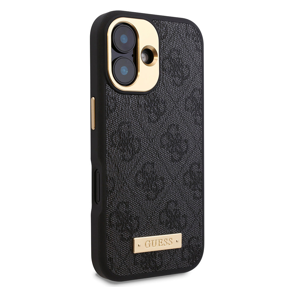 Apple iPhone 16 Kılıf Guess Magsafe Şarj Özellikli PU 4G Desenli Metal Plaka Klasik Logolu Kapak Siyah