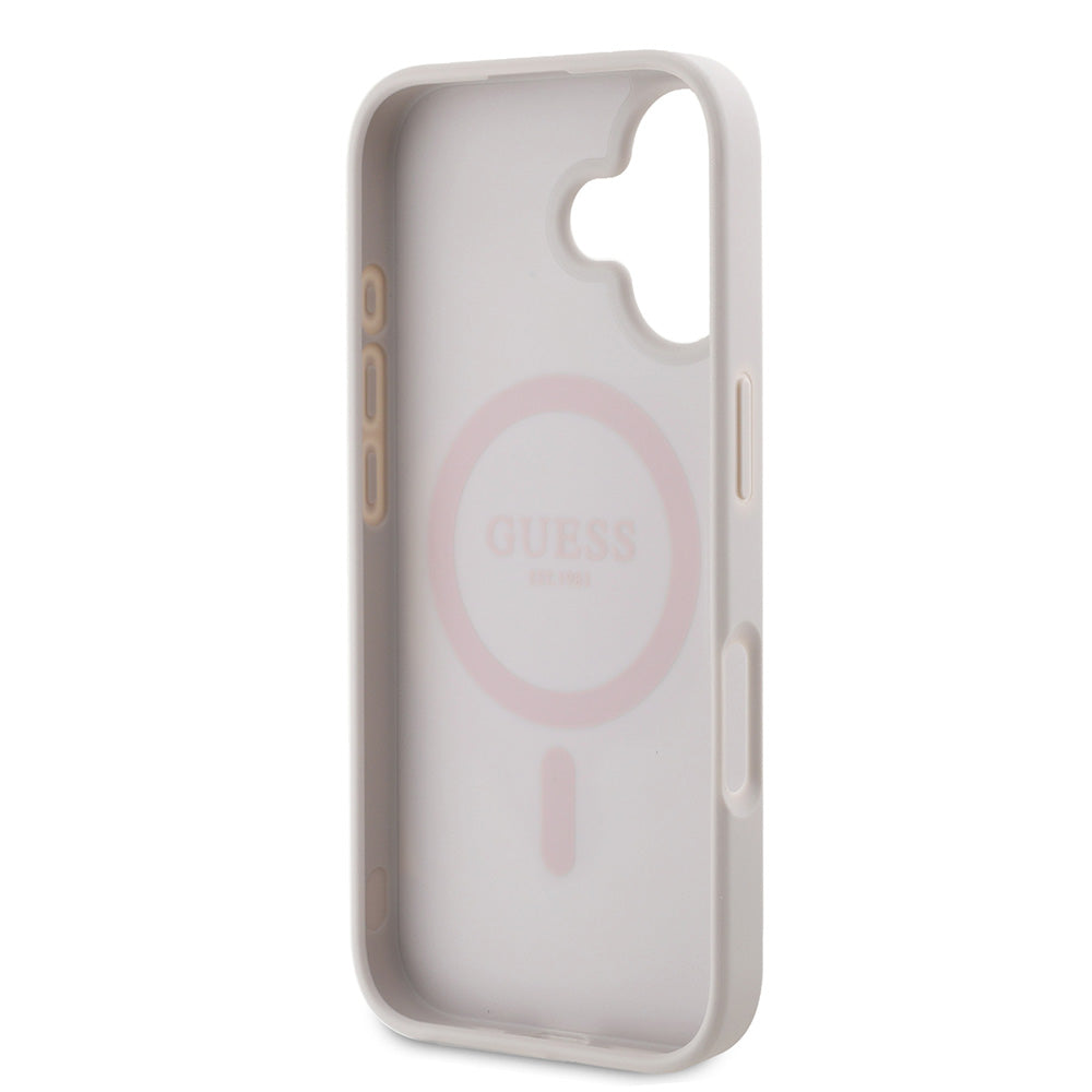 Apple iPhone 16 Kılıf Guess Magsafe Şarj Özellikli PU Deri 4G Desenli Taşlı Üçgen Logolu Kapak Pembe