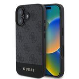 Apple iPhone 16 Kılıf Guess Magsafe Şarj Özellikli PU Deri Şerit Logo Dizaynlı Kapak Siyah