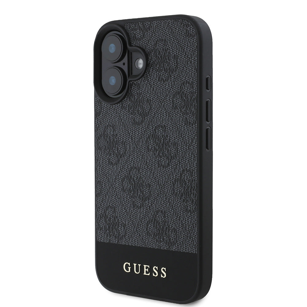 Apple iPhone 16 Kılıf Guess Magsafe Şarj Özellikli PU Deri Şerit Logo Dizaynlı Kapak Siyah