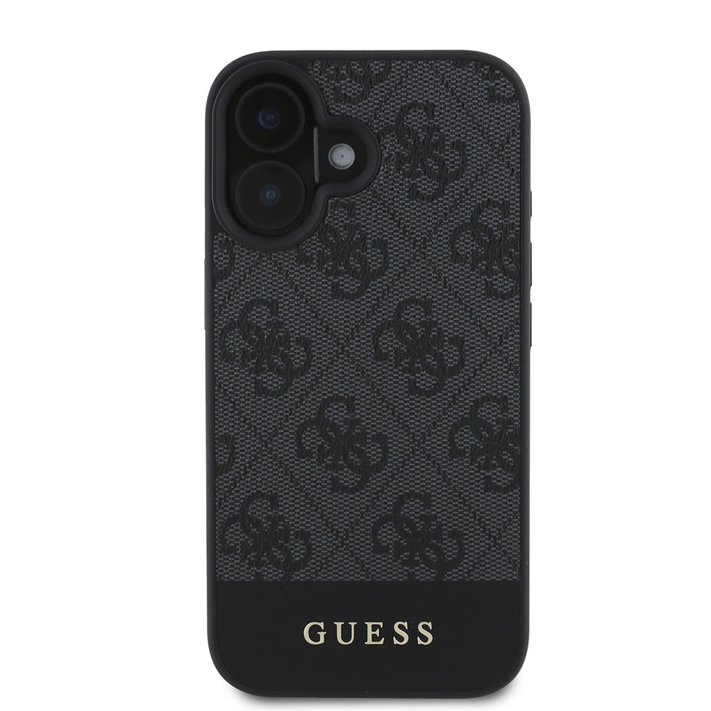 Apple iPhone 16 Kılıf Guess Magsafe Şarj Özellikli PU Deri Şerit Logo Dizaynlı Kapak Siyah