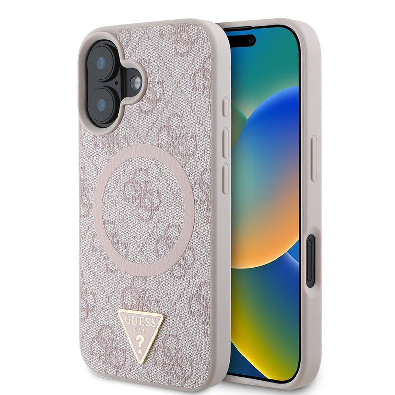 Apple iPhone 16 Kılıf Guess Magsafe Şarj Özellikli PU Üçgen Logolu 4G Desenli Kapak Pembe