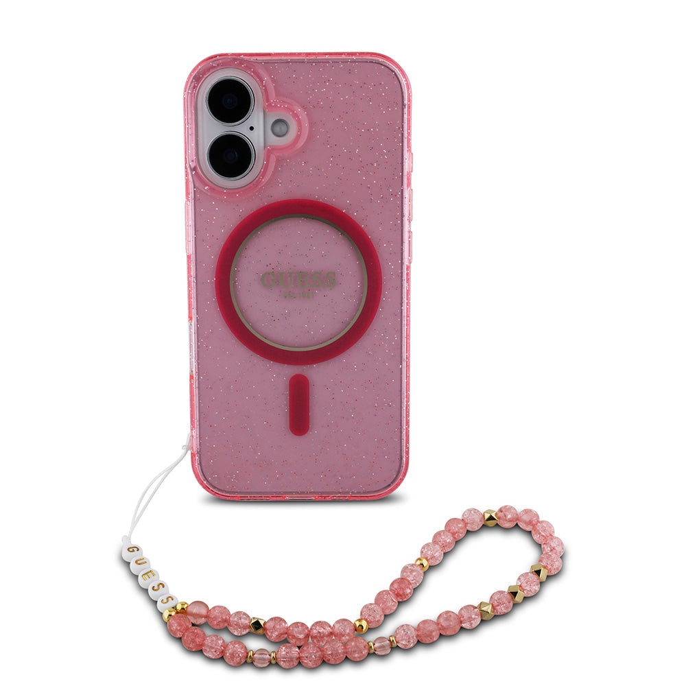 Apple iPhone 16 Kılıf Guess Magsafe Şarj Özellikli Simli Silikon İnci Bileklikli Kapak Pembe