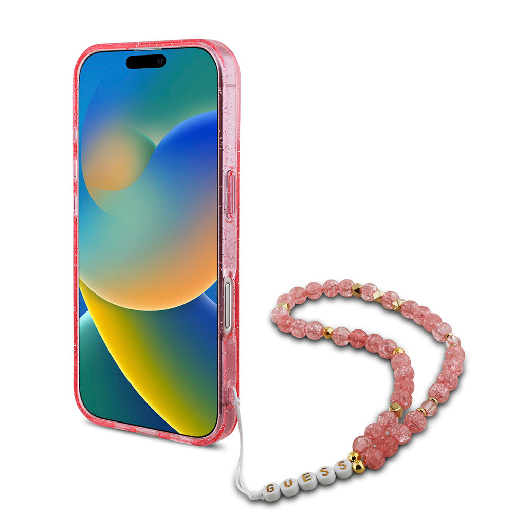 Apple iPhone 16 Kılıf Guess Magsafe Şarj Özellikli Simli Silikon İnci Bileklikli Kapak Pembe