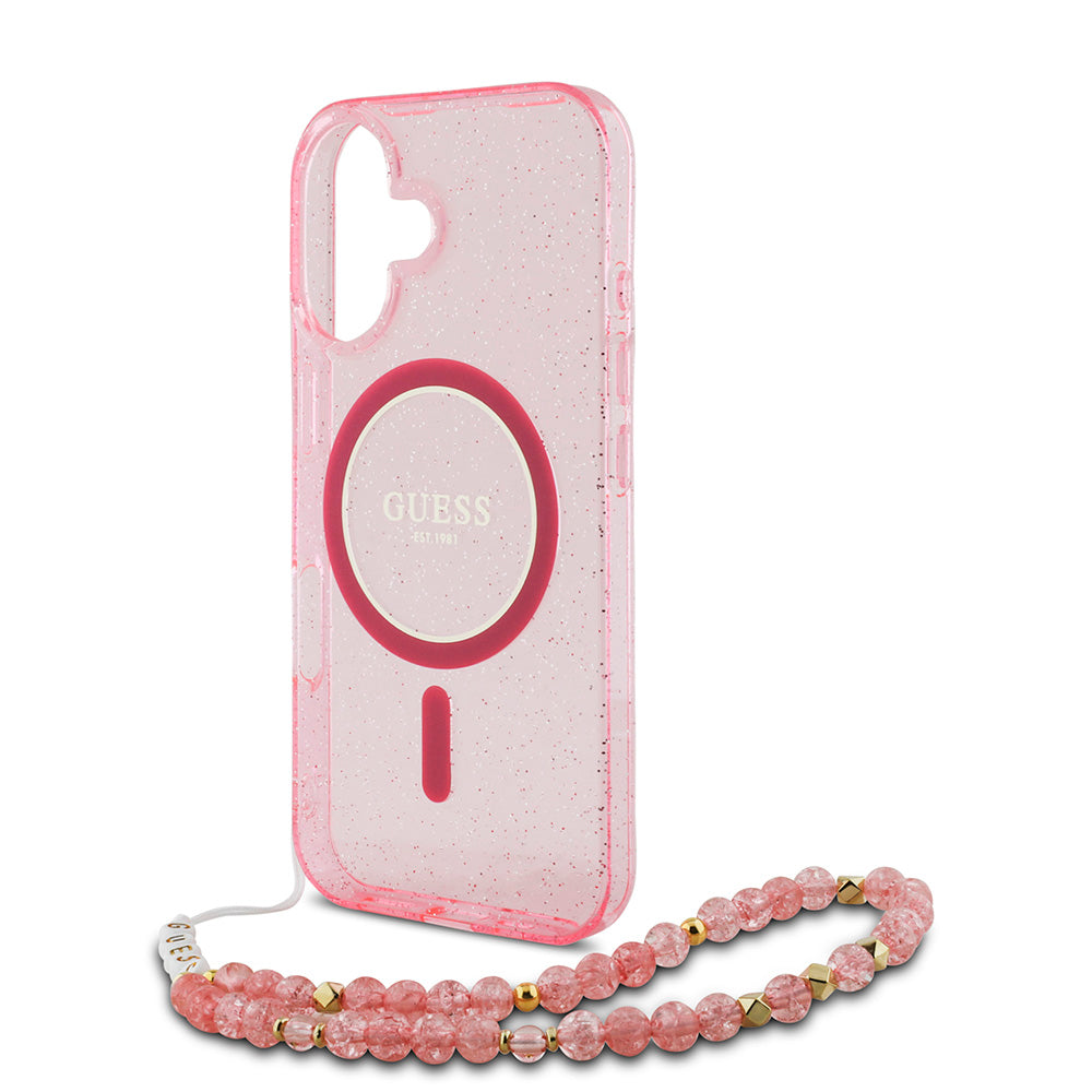 Apple iPhone 16 Kılıf Guess Magsafe Şarj Özellikli Simli Silikon İnci Bileklikli Kapak Pembe