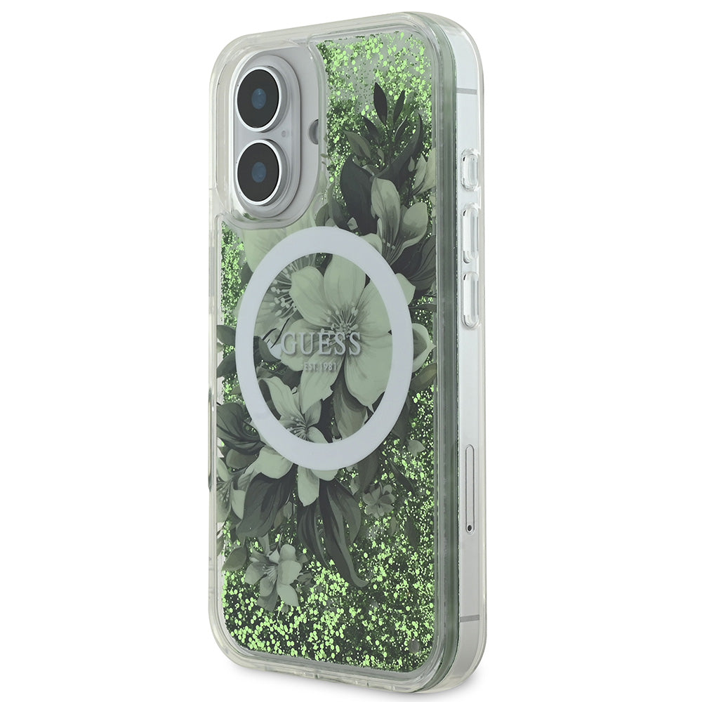 Apple iPhone 16 Kılıf Guess Magsafe Şarj Özellikli Sıvılı Simli Çiçek Desenli Kapak Yeşil