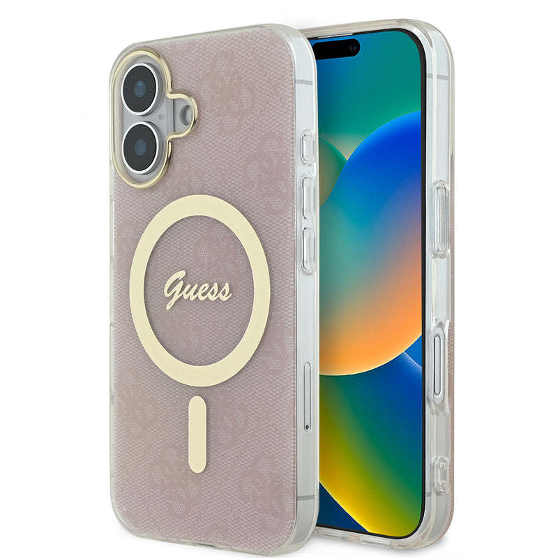 Apple iPhone 16 Kılıf Guess Magsafe Şarj Özellikli Yazı Logolu 4G Desenli Kapak Pembe