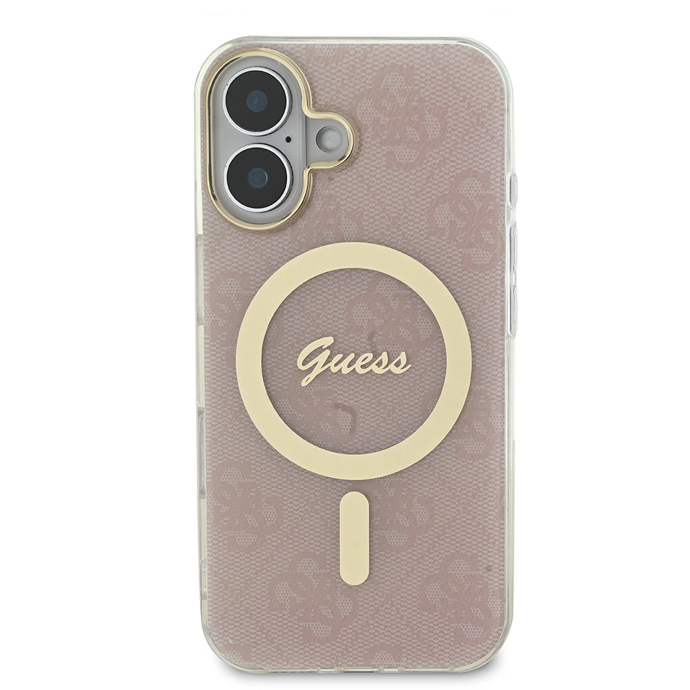 Apple iPhone 16 Kılıf Guess Magsafe Şarj Özellikli Yazı Logolu 4G Desenli Kapak Pembe
